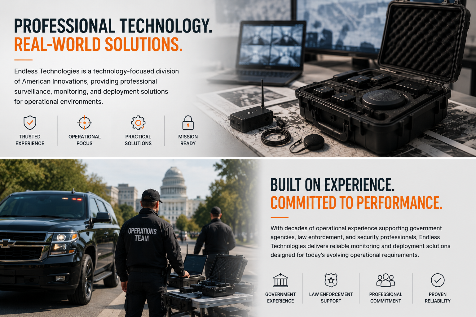 Professional operational technology company overview graphic showing deployment equipment, field operations, and surveillance solutions supporting government and security environments