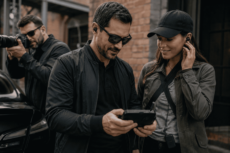 Investigative professionals conducting discreet field monitoring operations using wearable surveillance and remote communication equipment