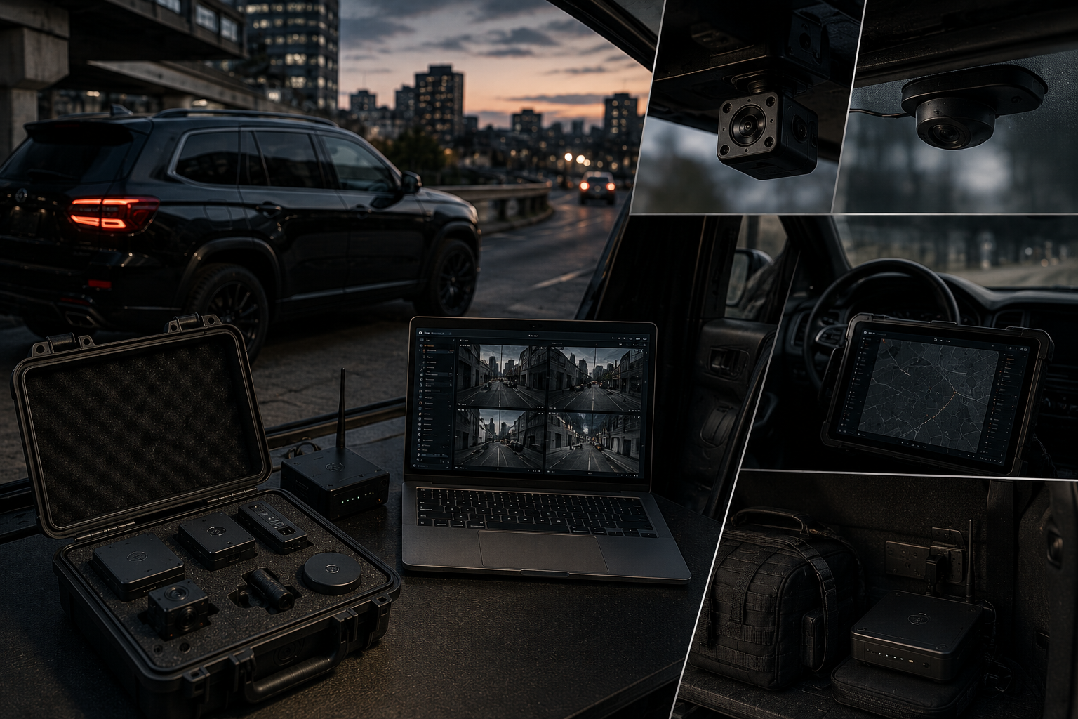 Mobile surveillance workflow showing vehicle deployment, remote monitoring access, and operational field equipment
