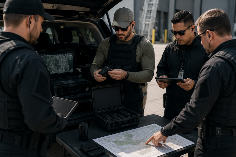 Operational field team coordinating mobile surveillance deployment using portable monitoring equipment and vehicle-based communication systems in an active operational environment