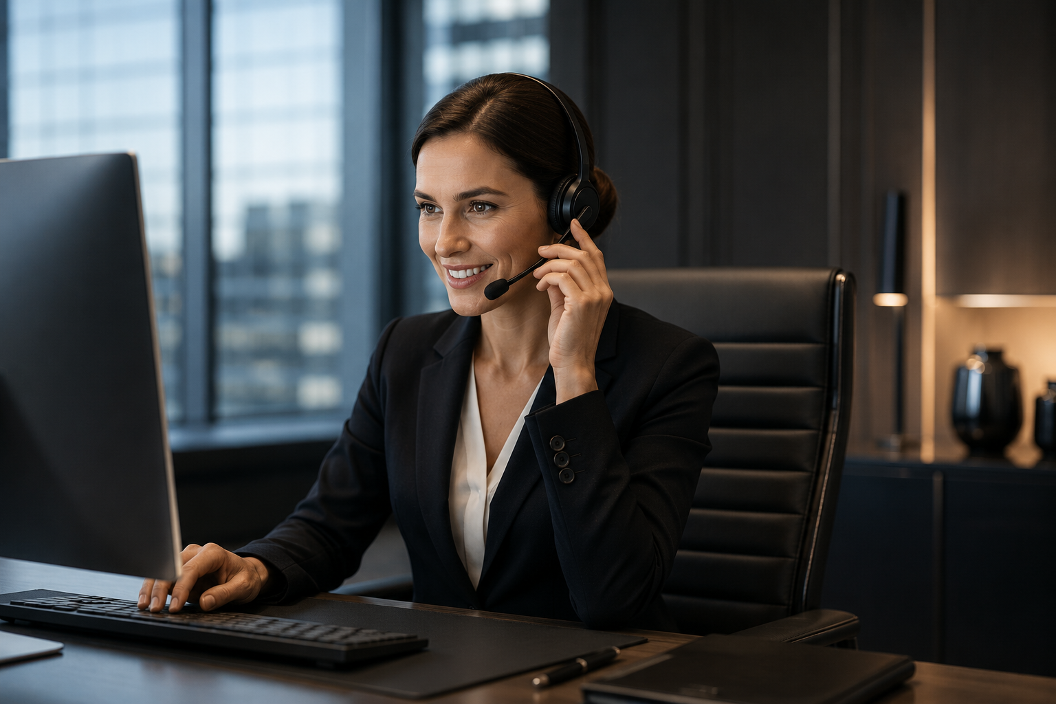Professional client support specialist assisting customers with technology solutions in a modern corporate office environment