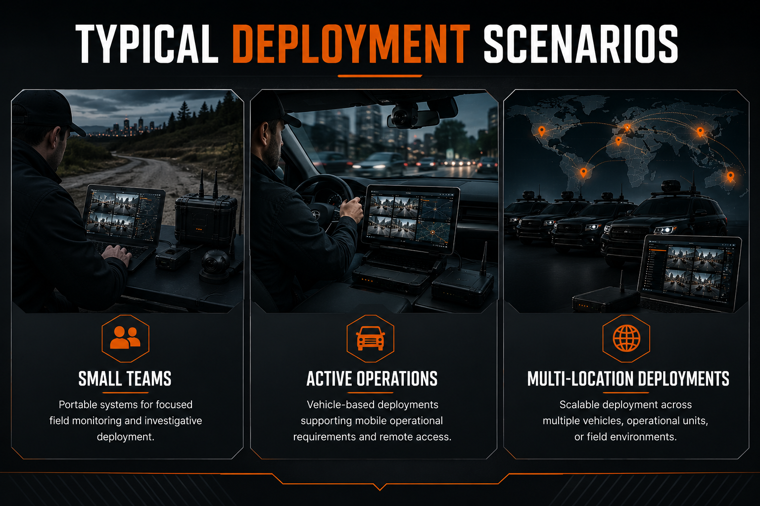 Vehicle and mobile surveillance deployment scenarios for small teams, active field operations, and multi-location monitoring environments