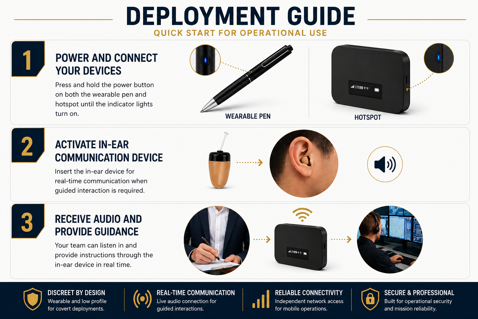 Operational deployment guide infographic showing setup, remote connectivity, and wearable monitoring workflow for professional field deployments